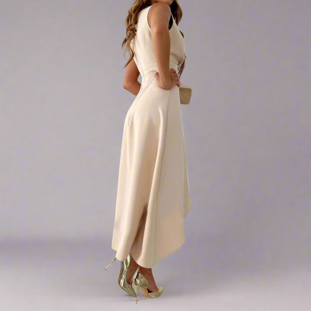 Women's Elegant V-neck Midi Dress With Asymmetric Hem for Summer