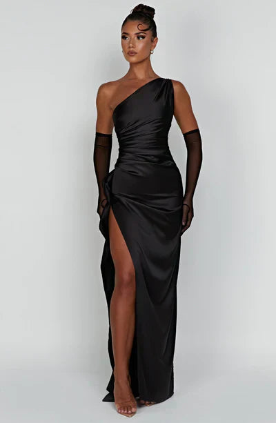 SATIN MAXI DRESS WITH ASYMMETRIC SHOULDER