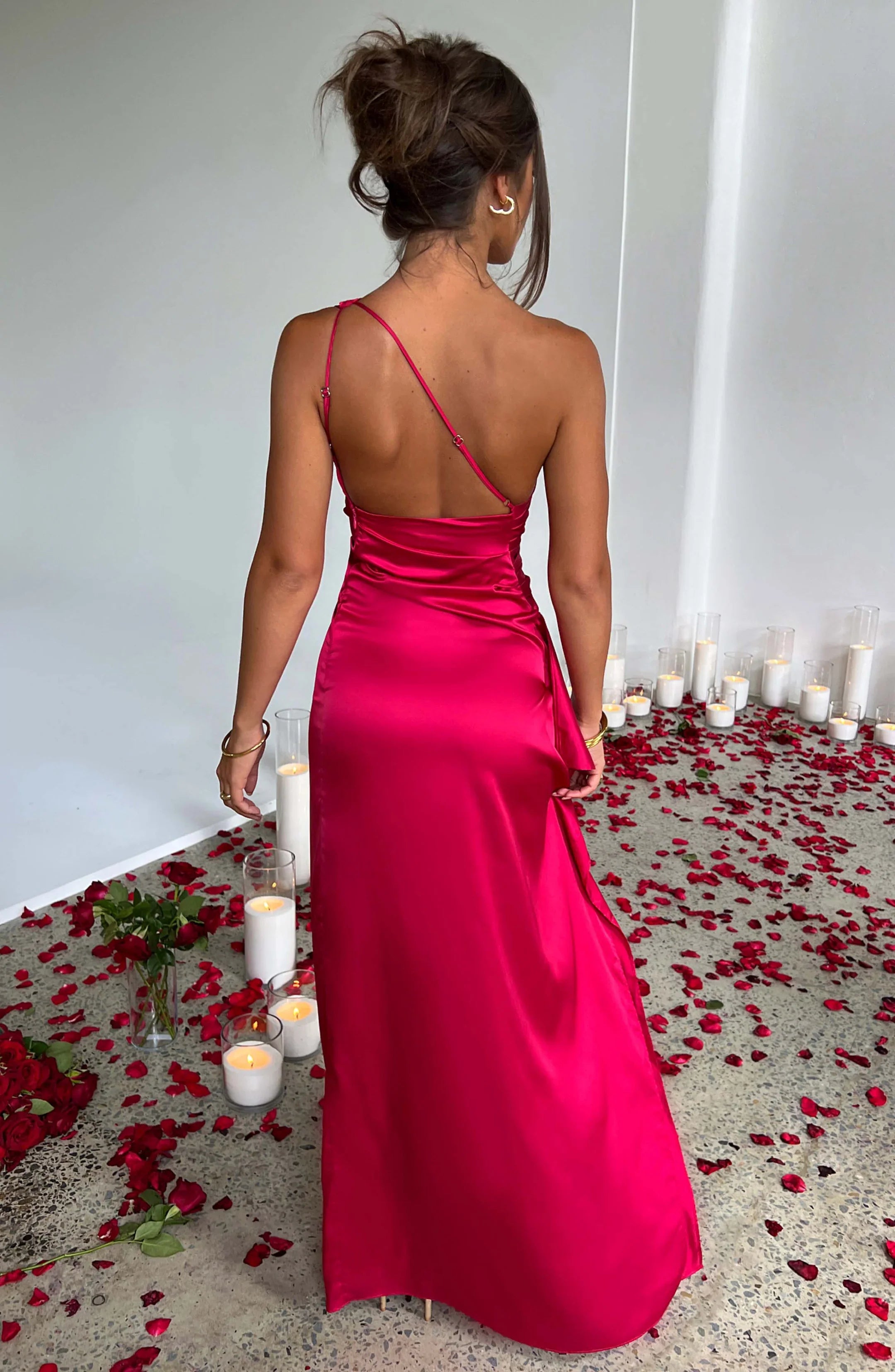 ONE SHOULDER SATIN WEDDING GUEST MAXI DRESS WITH SPLIT