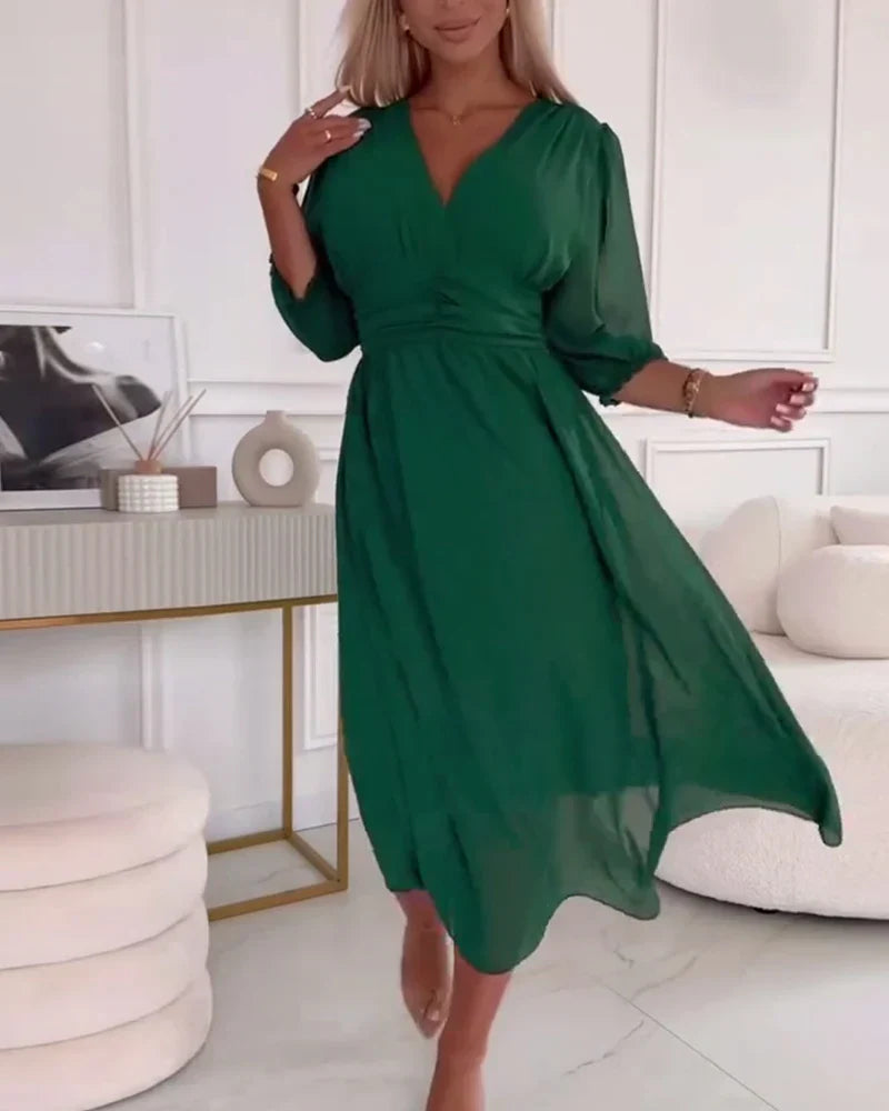 Women's Summer Midi Dress With V-neck & Puff Sleeves