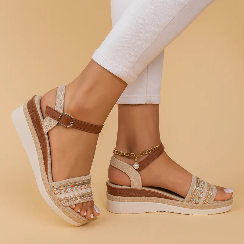 WOMEN'S BOHO WEDGE SANDALS WITH ANKLE STRAP AND OPEN TOE