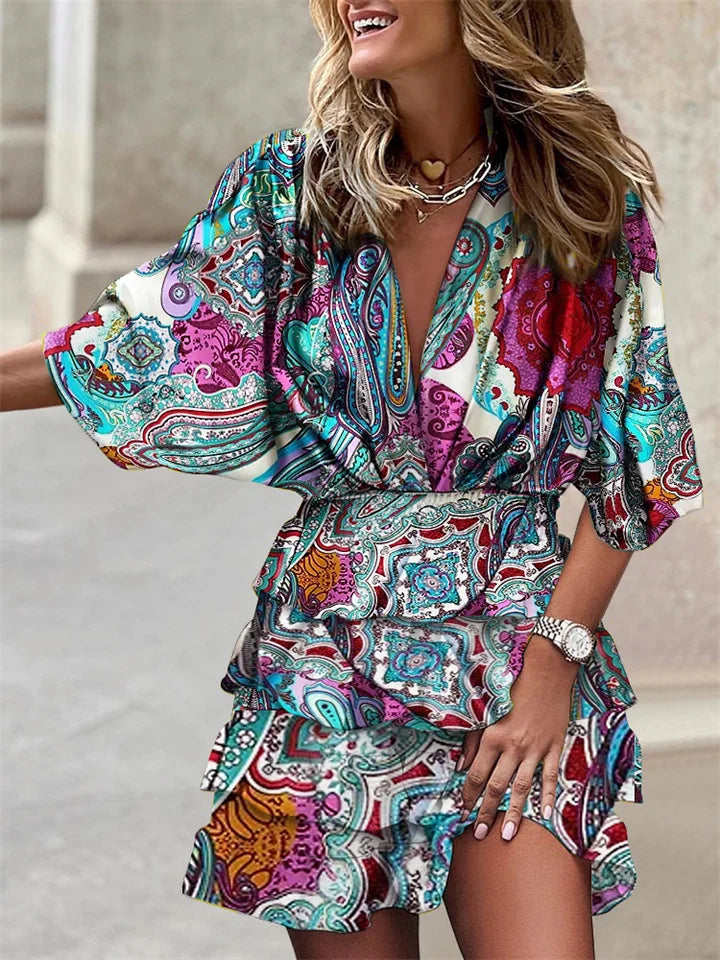 V-NECK MINI DRESS WITH ABSTRACT PRINT