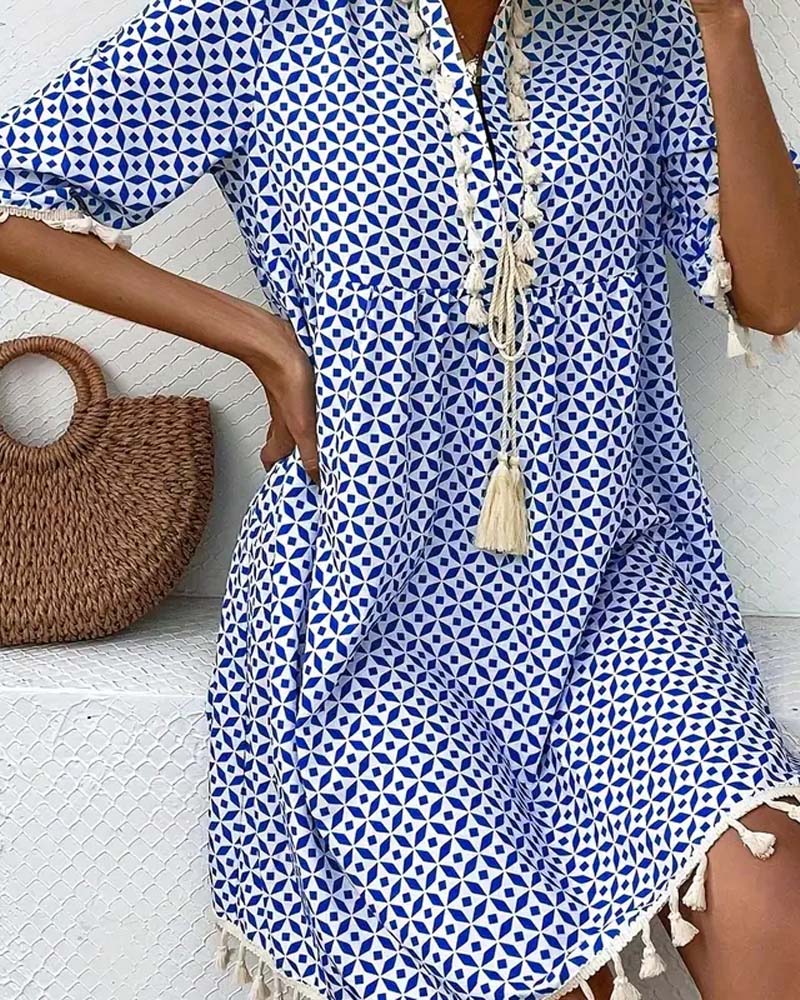 Women's Summer Printed Mini Dress with Tassels & Short Sleeves