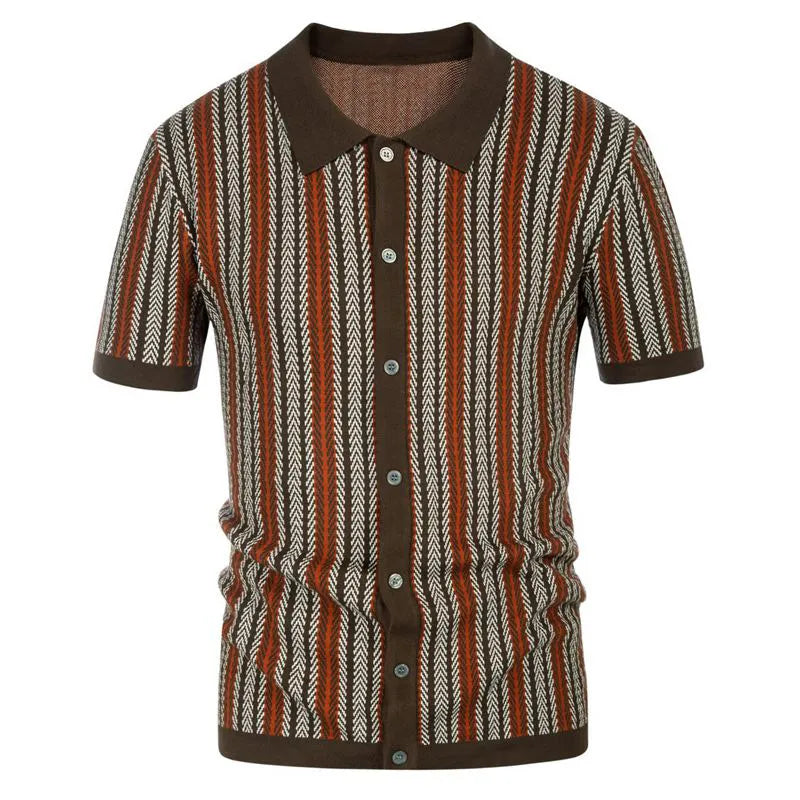 Men's Retro Patterned Button-down Polo Shirt With Short Sleeves