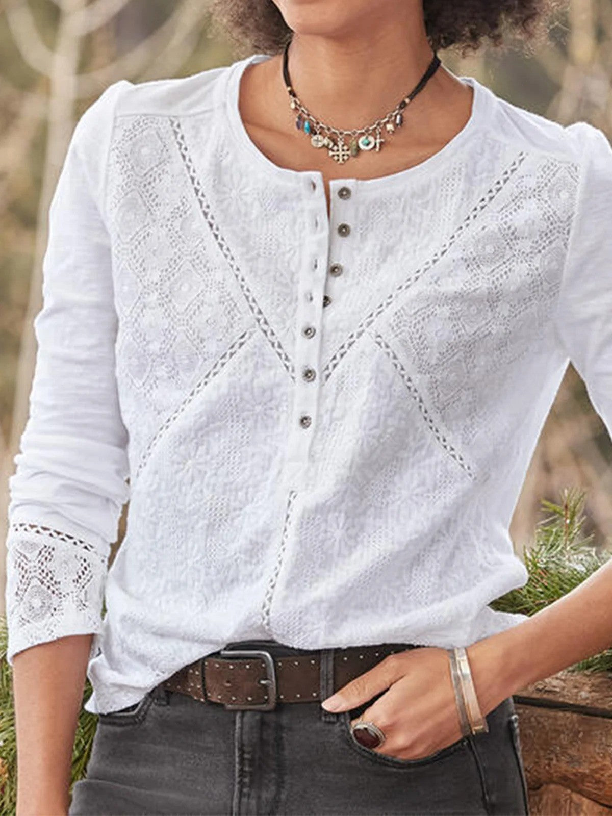 Women’s Eyelet Blouse with Half Buttons and Embroidered Front