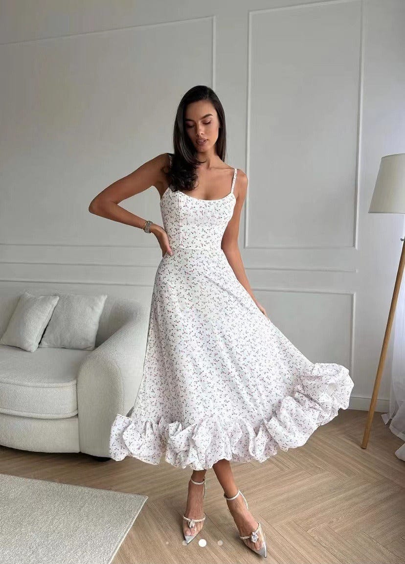 Women's Formal Midi Dress With Spaghetti Straps & Ruffled Hem