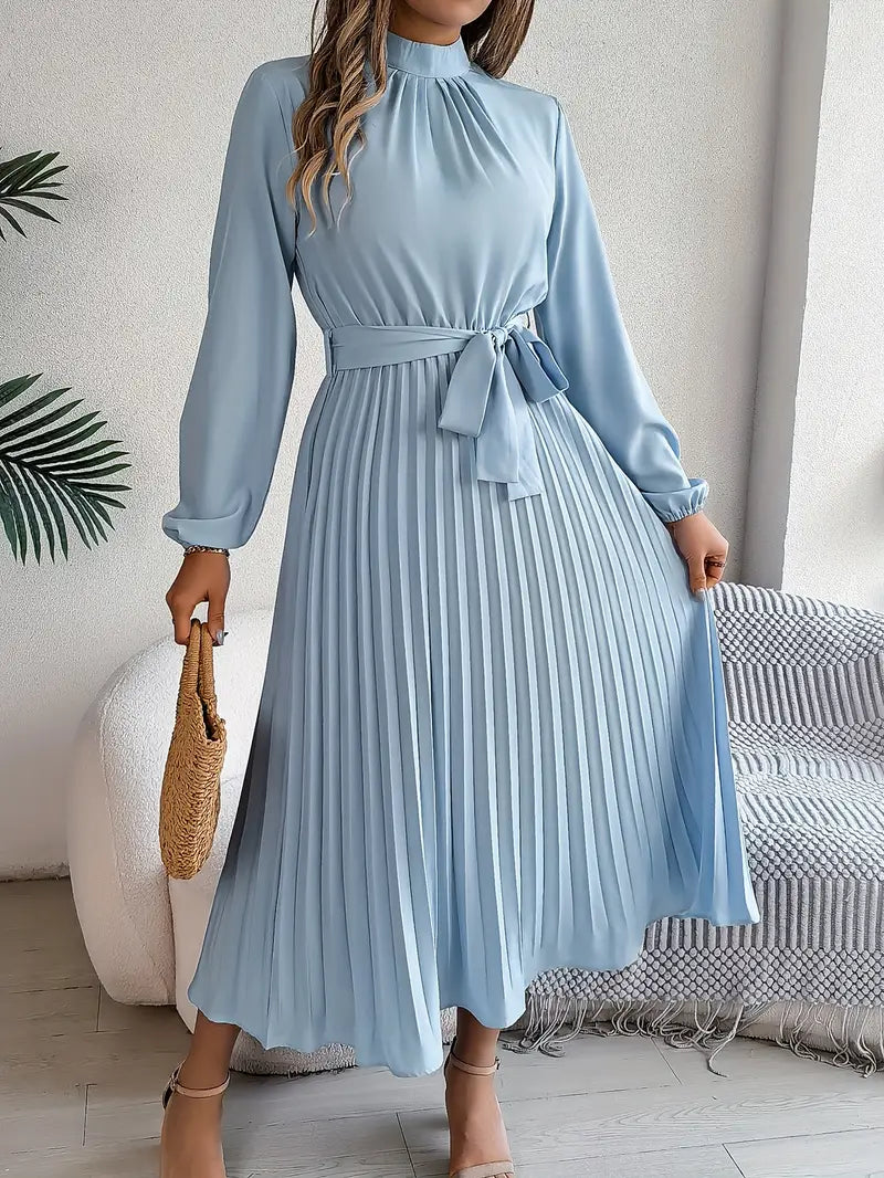 Women's Pleated Midi Dress With Long Sleeves And Belted Waist