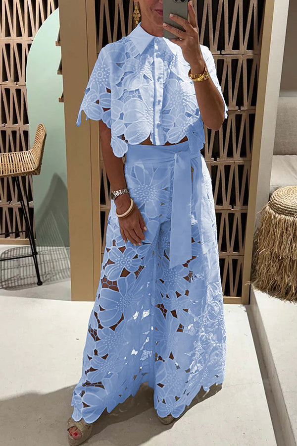 Women's Floral Lace Two-piece Set With Short Sleeves And Wide-leg Trousers