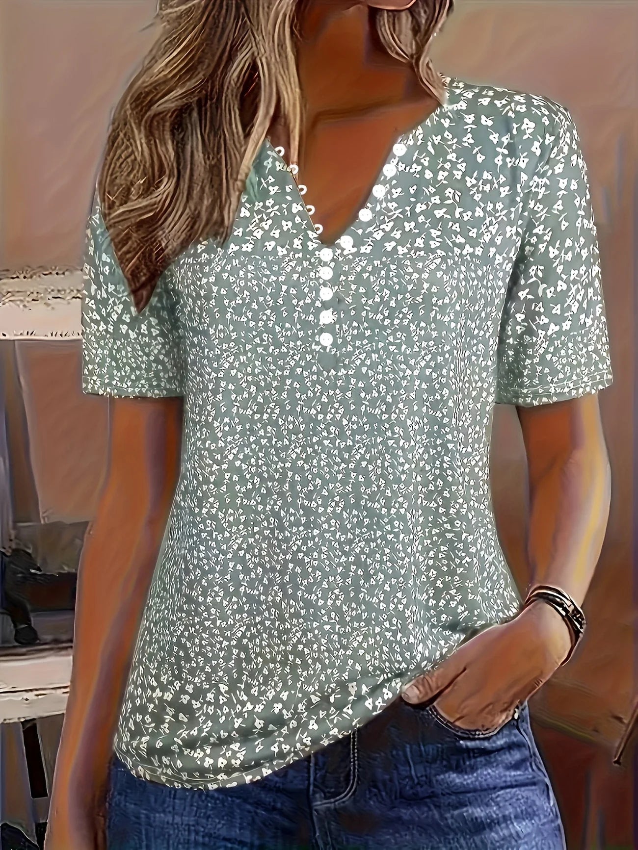 Women's Casual Summer V-neck Blouse With Short Sleeves
