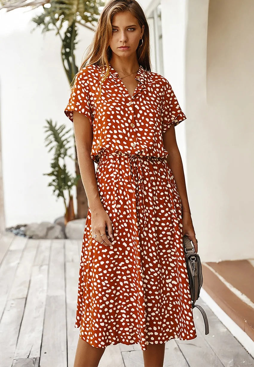 Women's Printed Button-down Midi Dress With Short Sleeves And Drawstring Waist