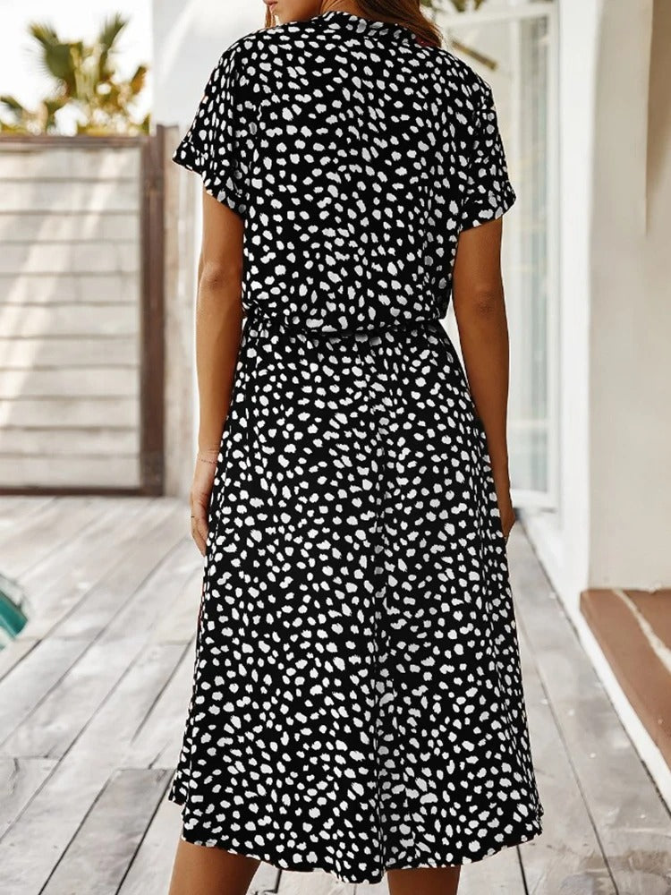 Women's Printed Button-down Midi Dress With Short Sleeves And Drawstring Waist