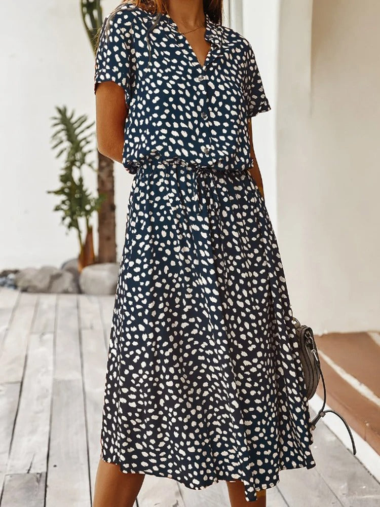 Women's Printed Button-down Midi Dress With Short Sleeves And Drawstring Waist