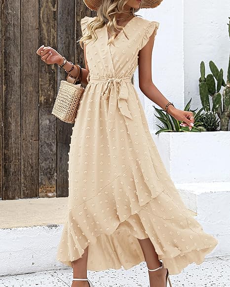 Women's Sleeveless Ruffled Maxi Pleated Dress With Waist Tie