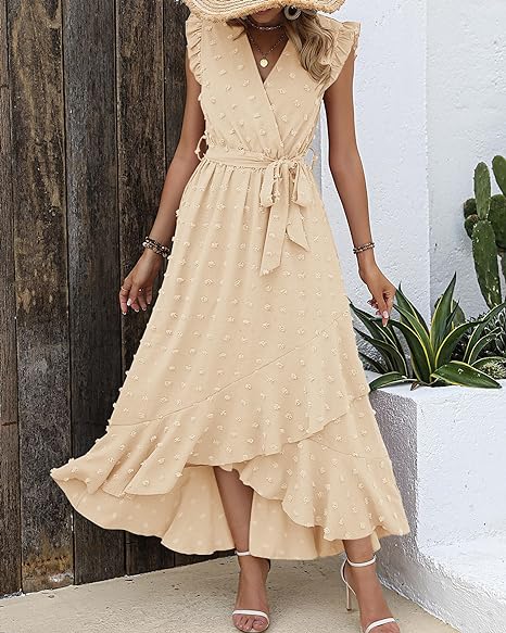 Women's Sleeveless Ruffled Maxi Pleated Dress With Waist Tie
