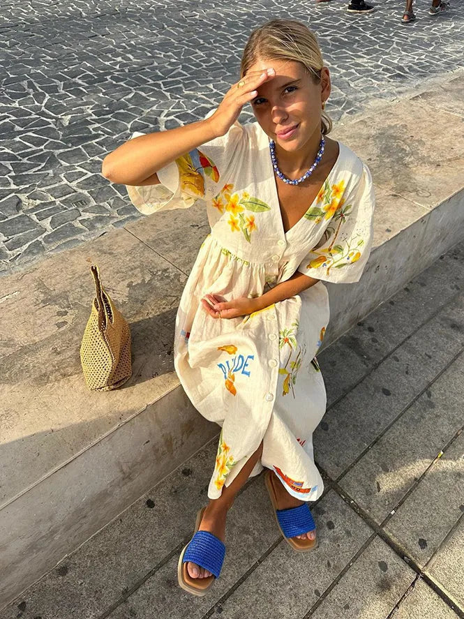 FLOWING FLORAL LINEN BLEND MAXI DRESS FOR WOMEN