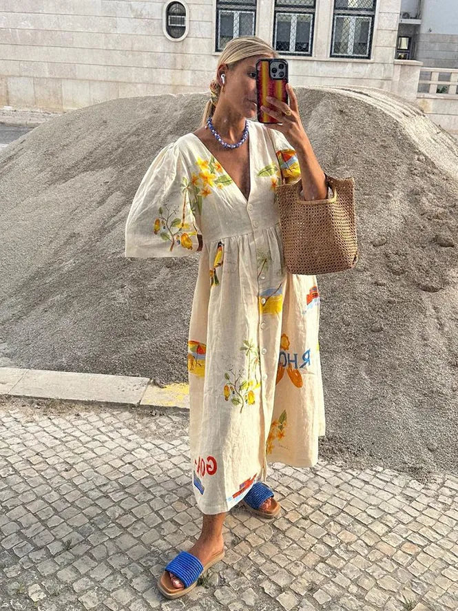FLOWING FLORAL LINEN BLEND MAXI DRESS FOR WOMEN