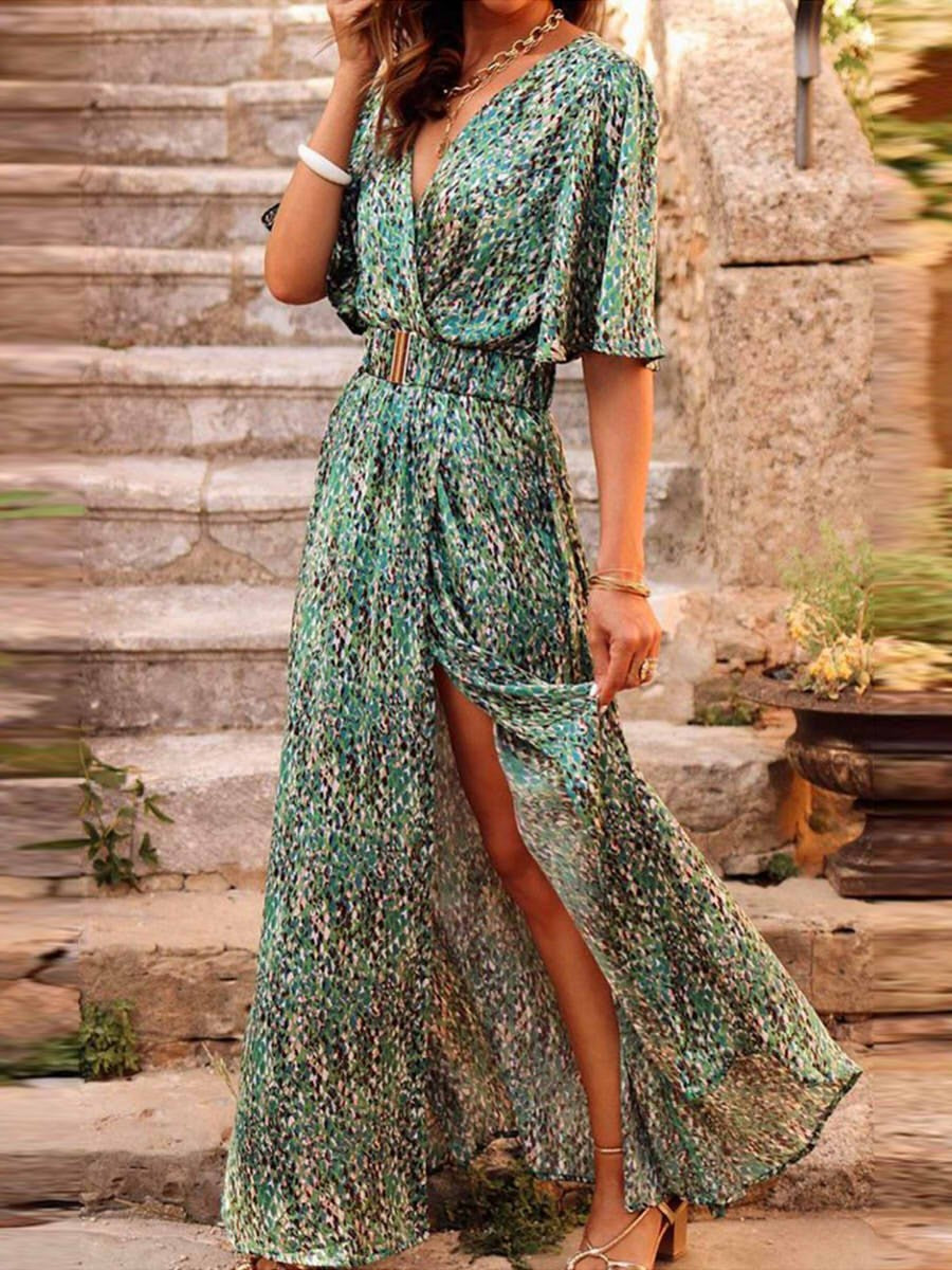 Women's Printed Chiffon Maxi Dress With V-neck And Short Sleeves