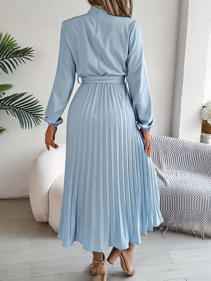Women's Pleated Midi Dress With Long Sleeves And Belted Waist