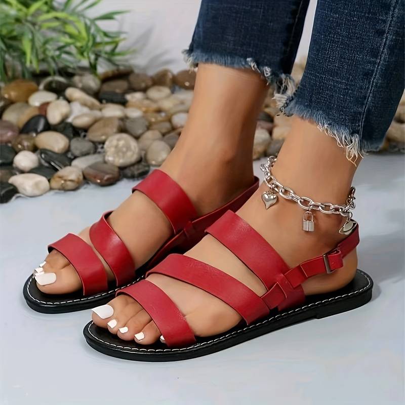 Women's Summer Leather Flat Sandals with Three Straps Style