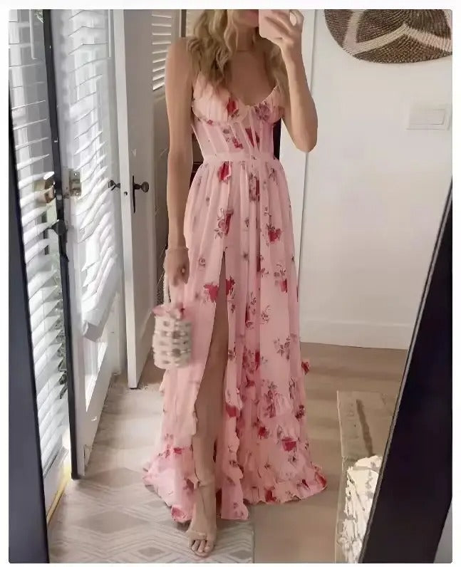 Women's Floral Chiffon Maxi Dress With Front Slit