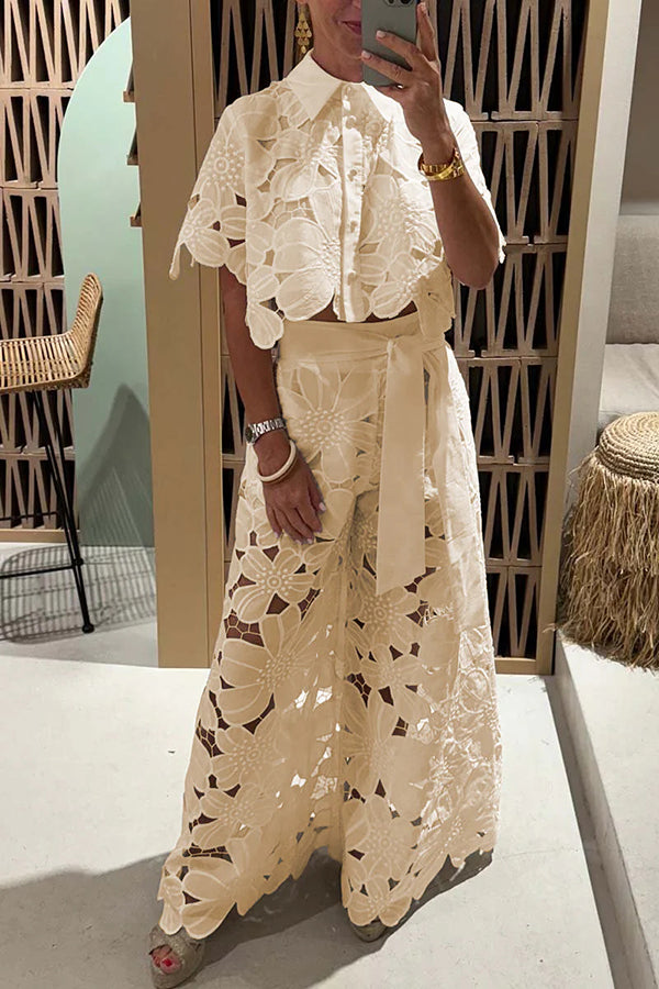 Women's Floral Lace Two-piece Set With Short Sleeves And Wide-leg Trousers