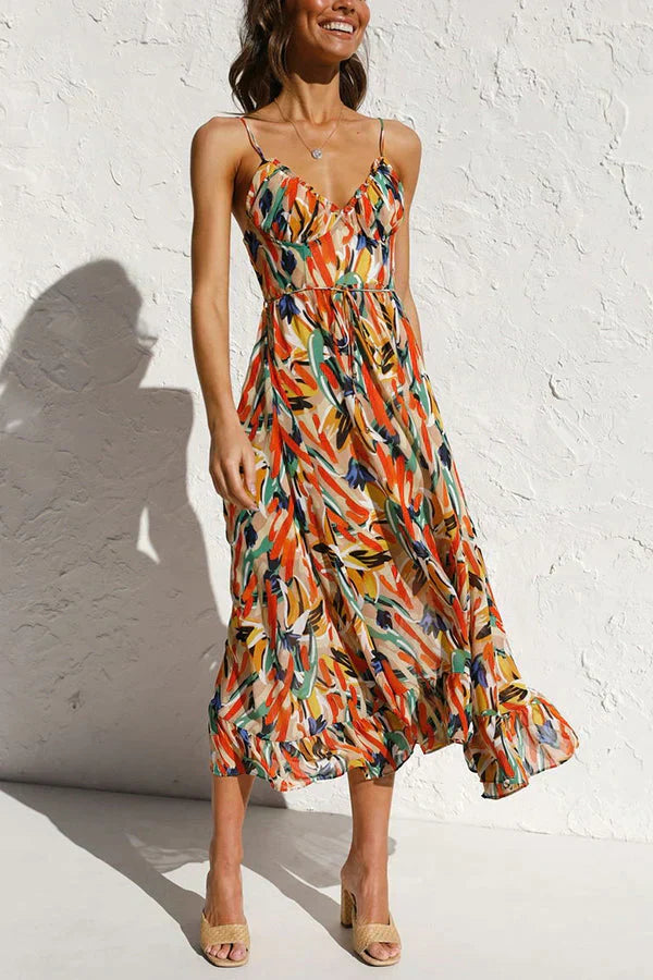 WOMEN'S MIDI SUMMER DRESS – LIGHTWEIGHT CHIFFON, RELAXED FIT, V-NECK WITH PRINT