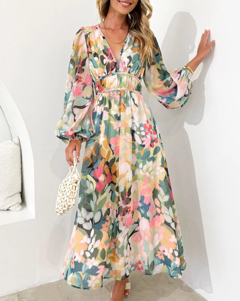 Midi Floral Dress with V-Neck and Long Sleeves