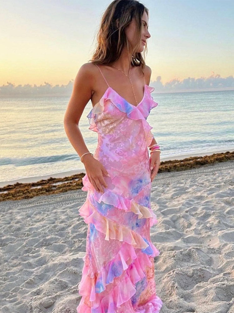 Women's Summer Maxi Dress With V-neck & Layered Ruffles