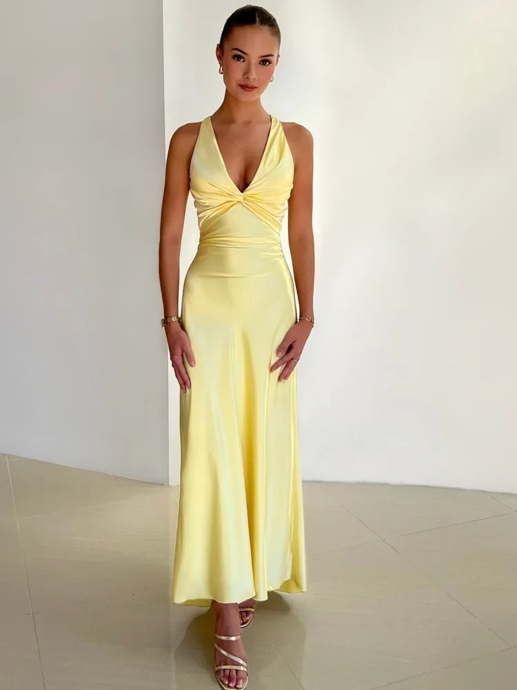 Women's Satin Halter Maxi Dress With Twisted V-neck Detail