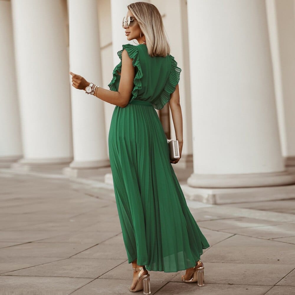 Women's Pleated Maxi Dress With V-neck And Belt