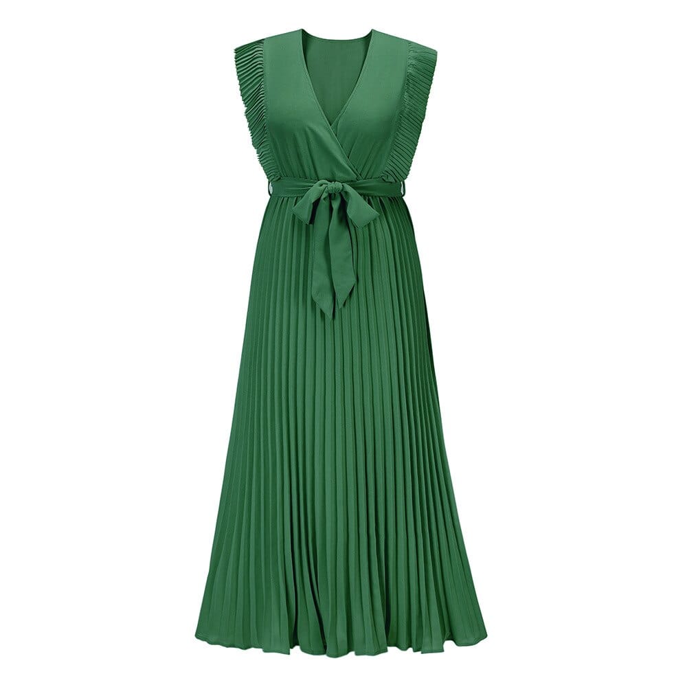 Women's Pleated Maxi Dress With V-neck And Belt
