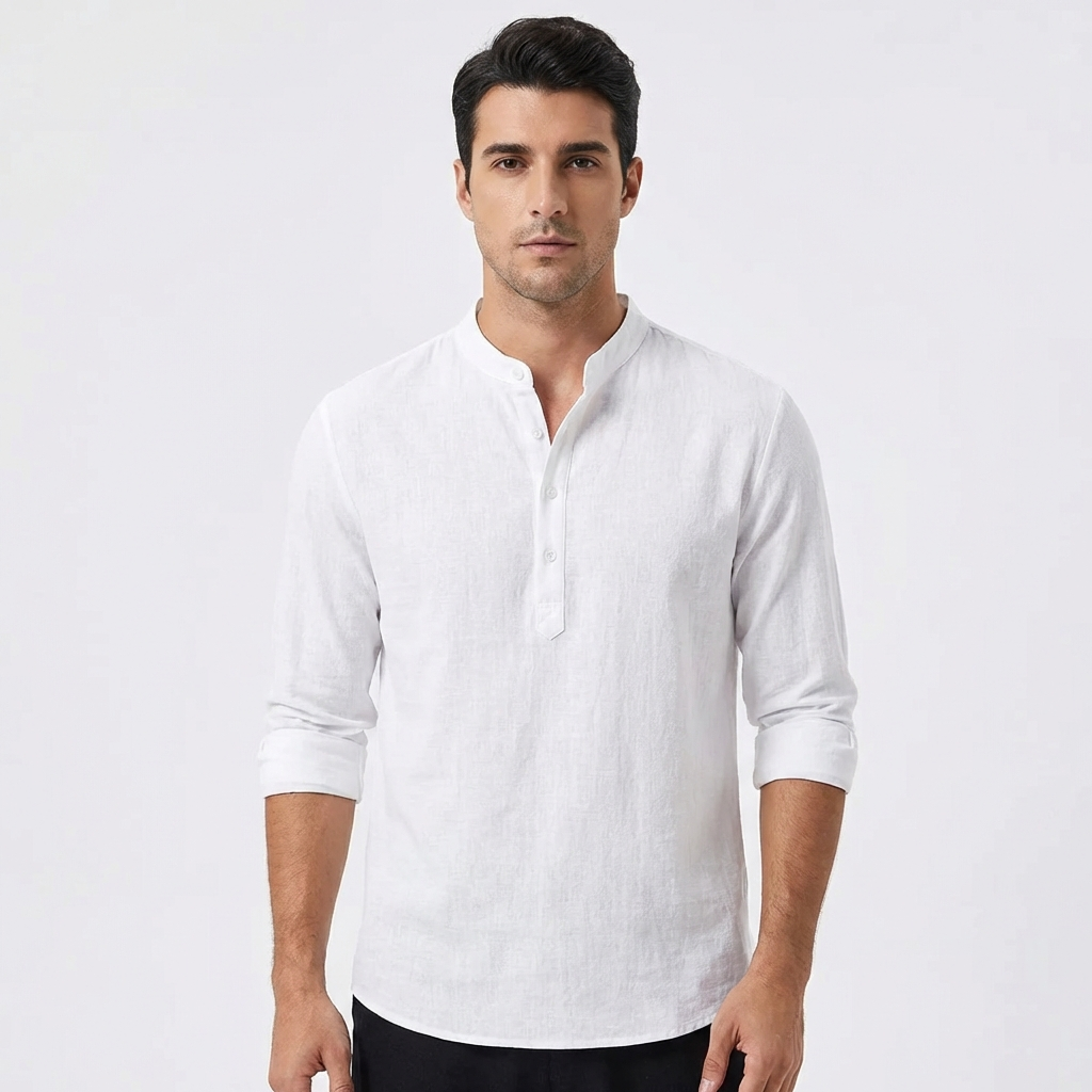 George | Men's Grandad Shirt With Band Collar And Long Sleeves | Relaxed