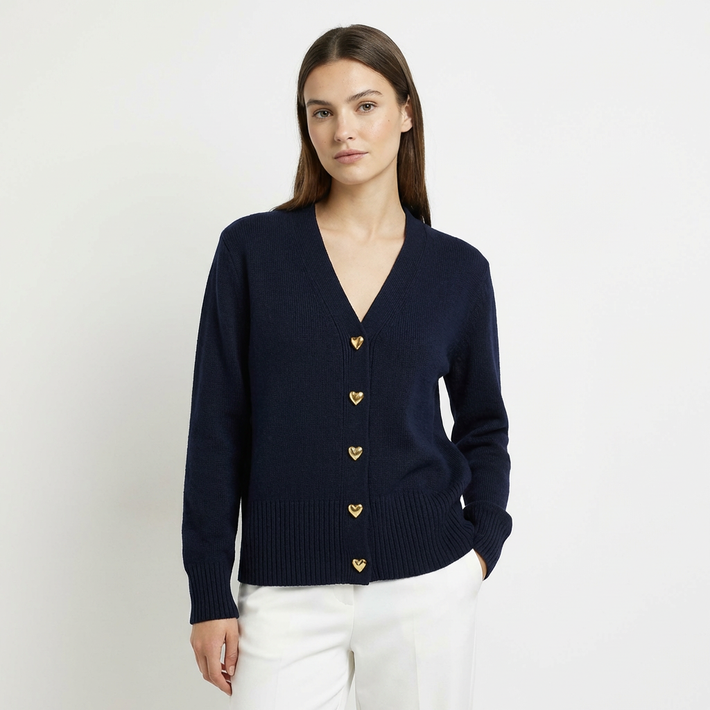 Olivia | Women's Cardigan With Heart Buttons And Ribbed Knit | Charming
