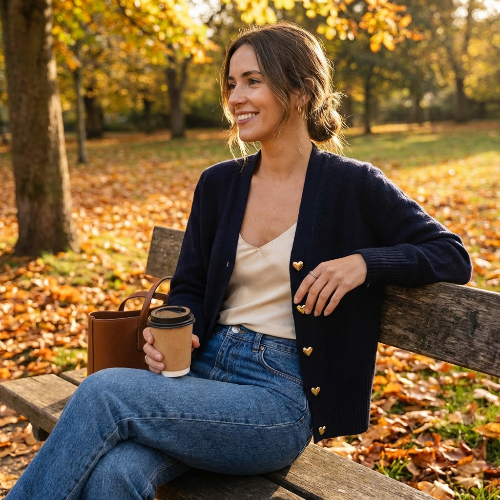 Olivia | Women's Cardigan With Heart Buttons And Ribbed Knit | Charming