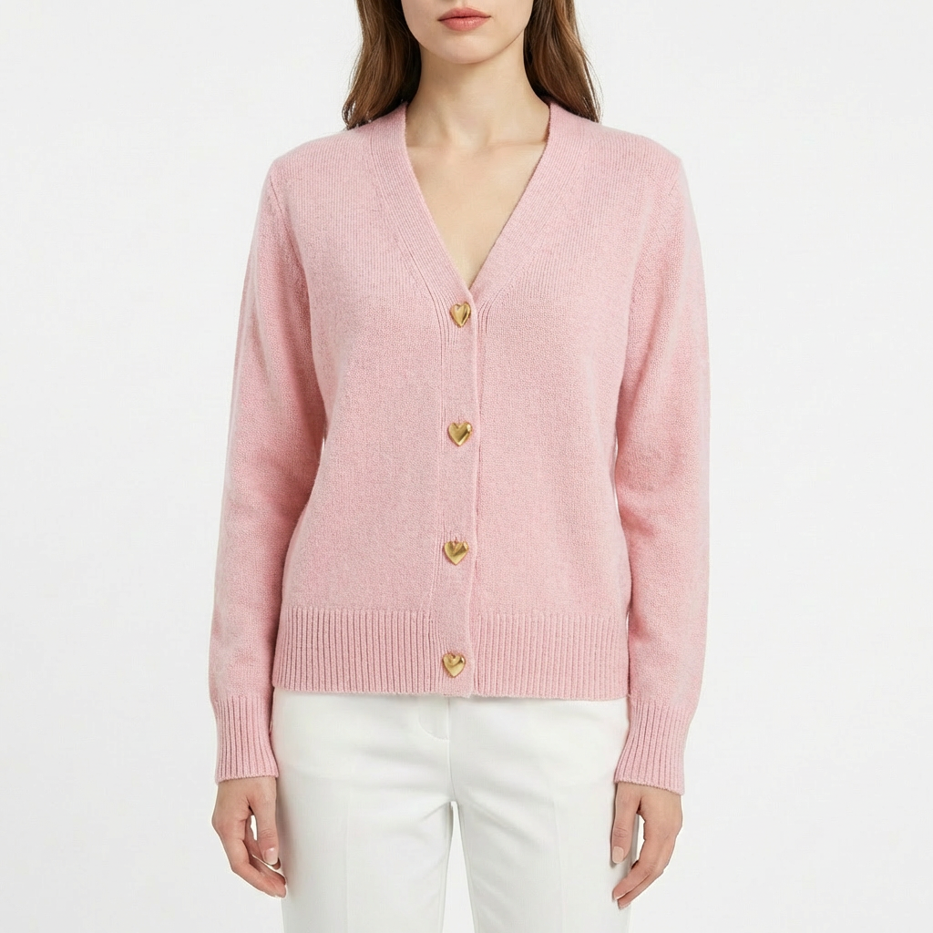 Olivia | Women's Cardigan With Heart Buttons And Ribbed Knit | Charming