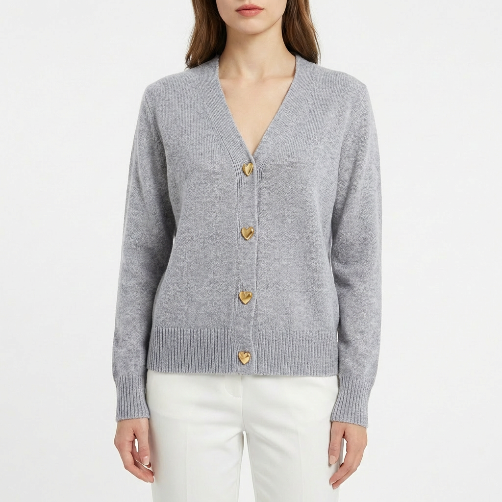 Olivia | Women's Cardigan With Heart Buttons And Ribbed Knit | Charming