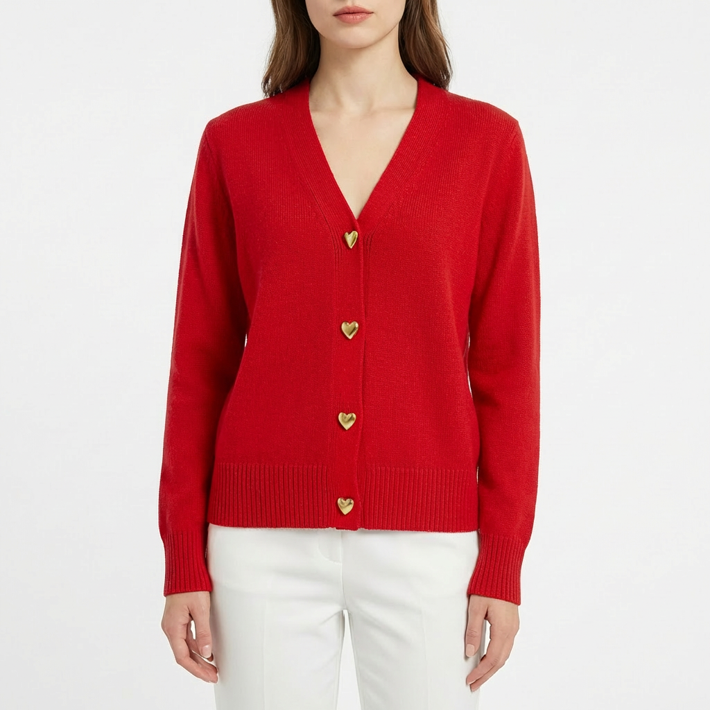 Olivia | Women's Cardigan With Heart Buttons And Ribbed Knit | Charming