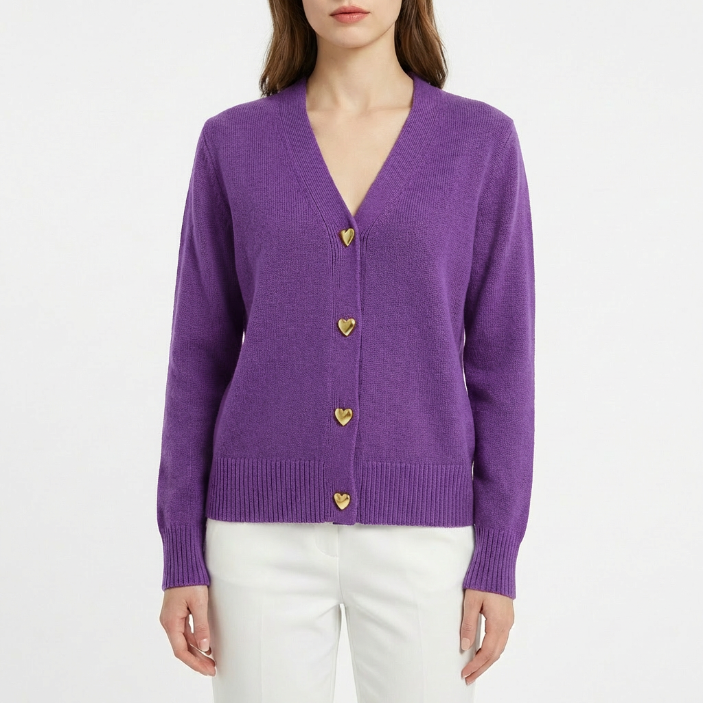 Olivia | Women's Cardigan With Heart Buttons And Ribbed Knit | Charming