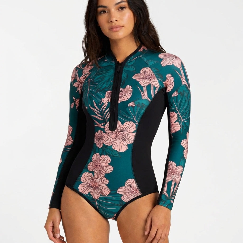 Bella | Women's Surf Suit With Floral Pattern And Front Zip | Active