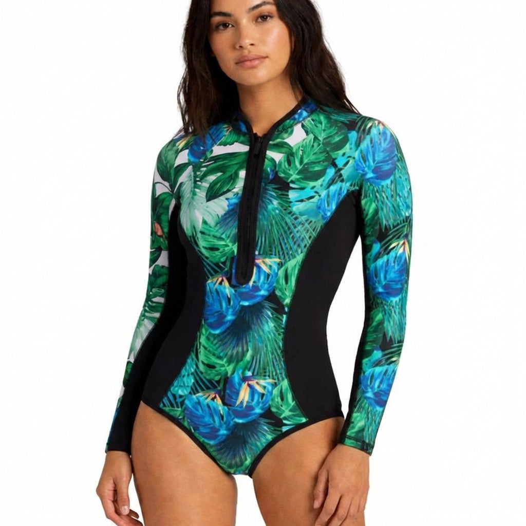 Bella | Women's Surf Suit With Floral Pattern And Front Zip | Active