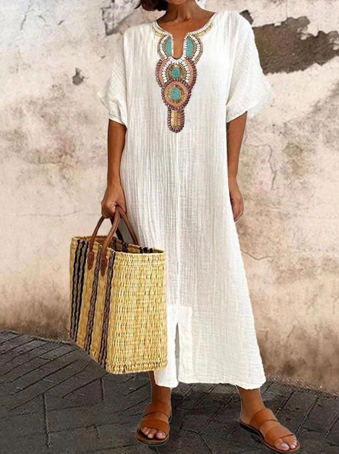 WOMEN'S COTTON KAFTAN DRESS WITH EMBROIDERED NECKLINE