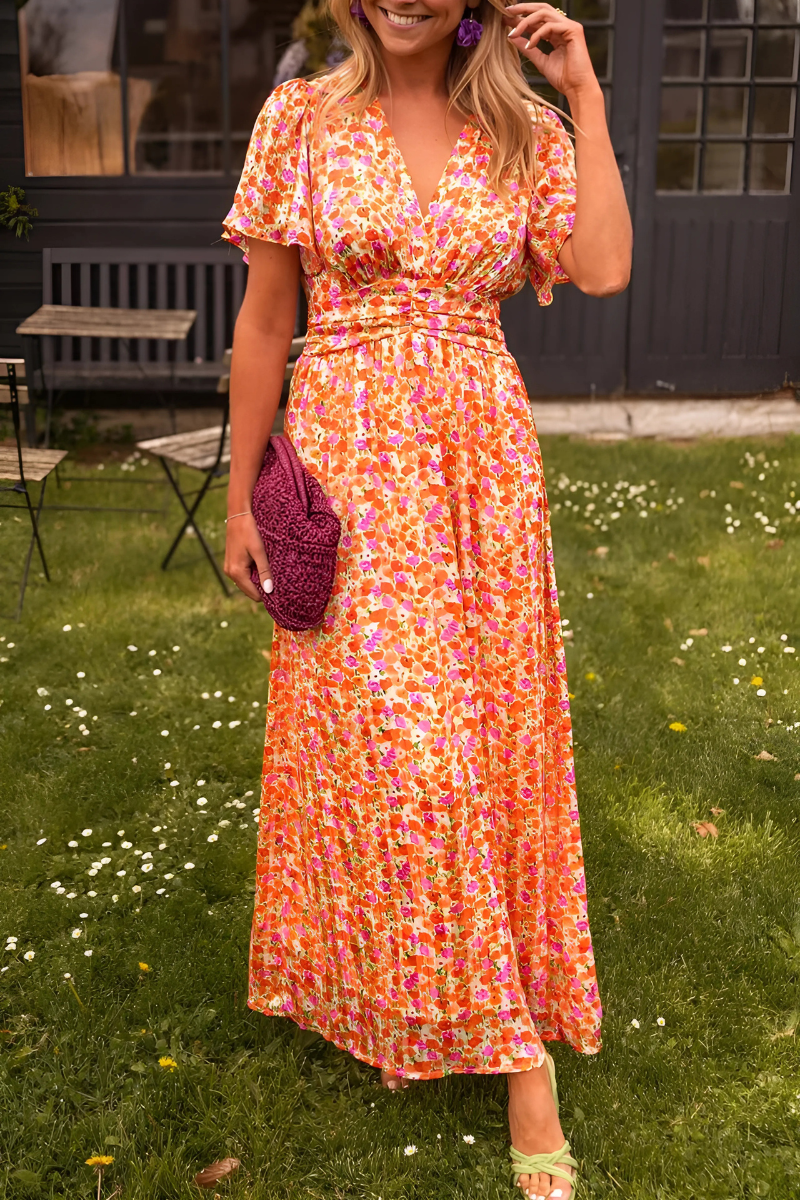 Women's Floral Maxi Summer Dress With V-neck & Short Sleeves
