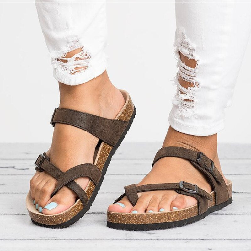 WOMEN'S LEATHER ADJUSTABLE SANDALS WITH CORK SOLE