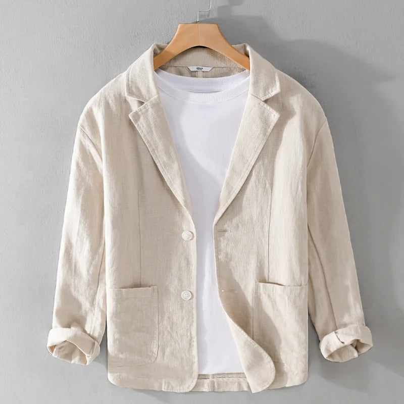Men's Casual Linen Jacket With Notched Lapel Collar