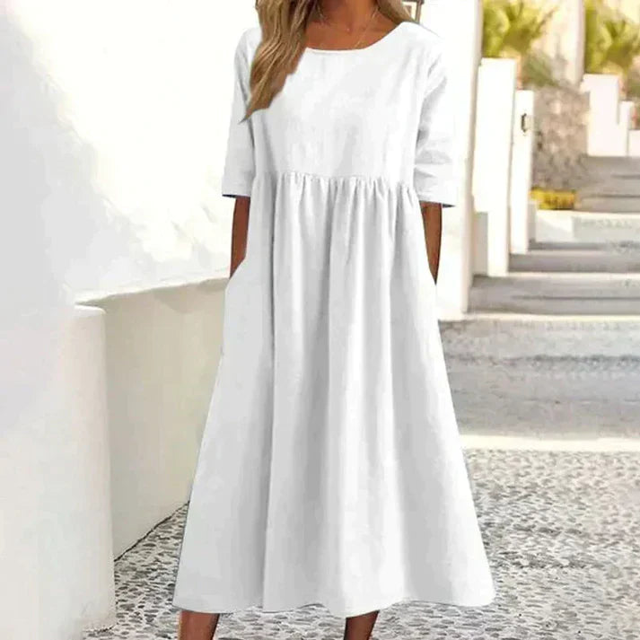 Women's Summer Midi Dress With Half Sleeves & Round Neck
