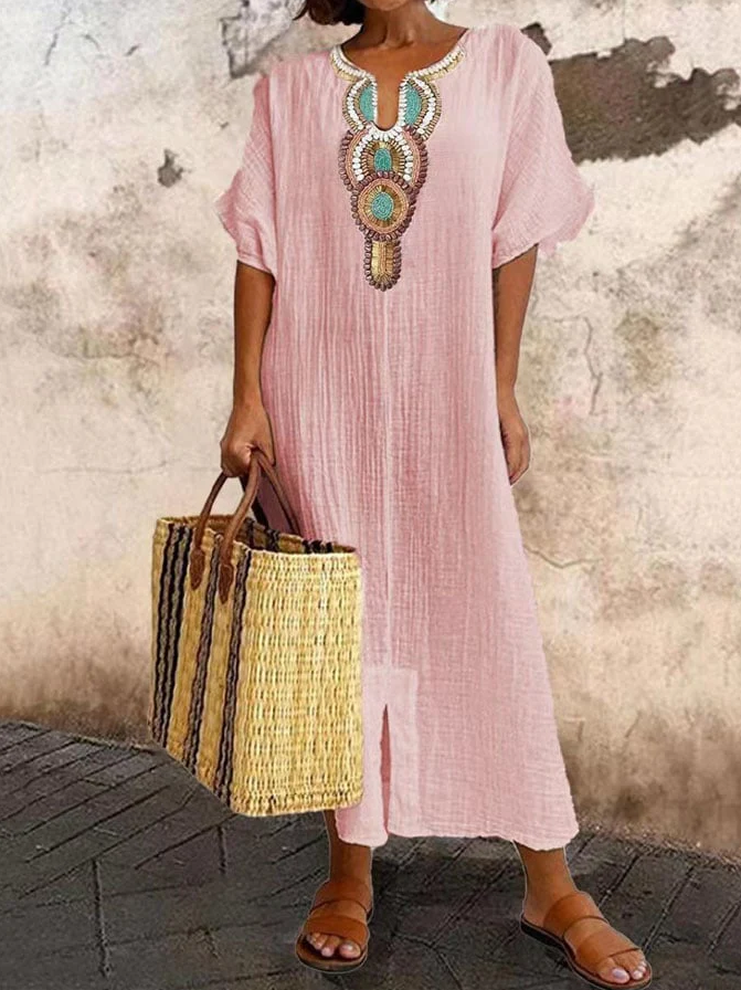 WOMEN'S COTTON KAFTAN DRESS WITH EMBROIDERED NECKLINE