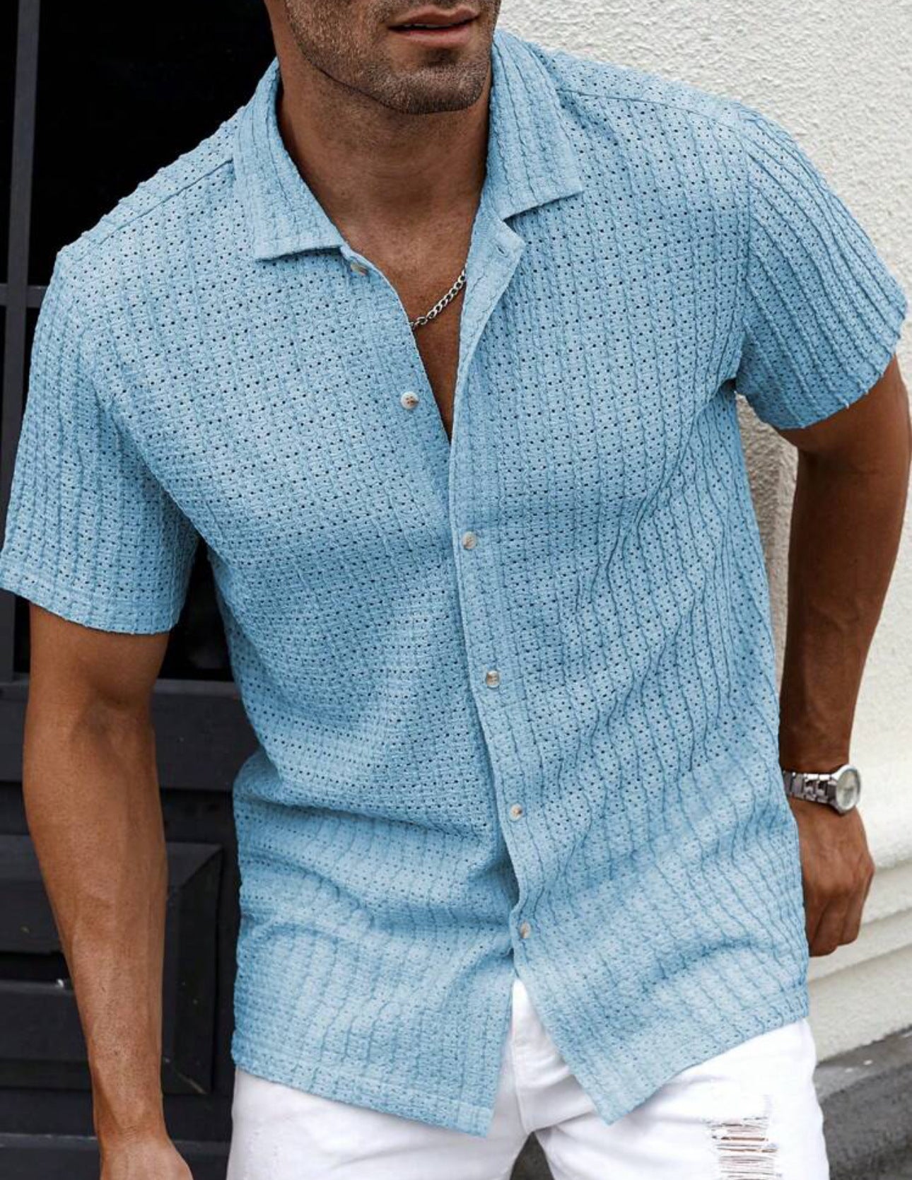 MEN'S LINEN KNITTED SHORT SLEEVE SHIRT WITH BUTTON DOWN FRONT