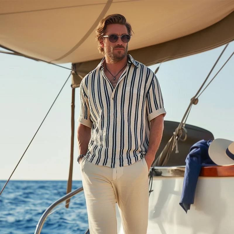 MEN'S COTTON STRIPED SHORT SLEEVE SHIRT WITH V-NECK