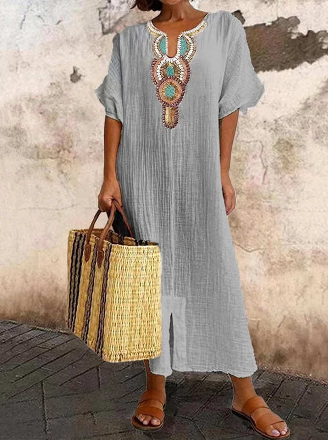 WOMEN'S COTTON KAFTAN DRESS WITH EMBROIDERED NECKLINE