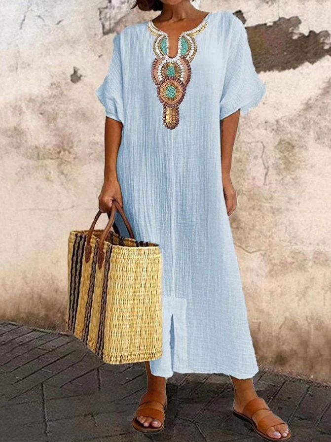 WOMEN'S COTTON KAFTAN DRESS WITH EMBROIDERED NECKLINE
